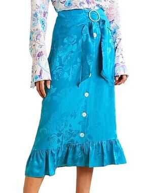 Art Dealer Floral Midi Skirt Silk Blend Satin Ruffle Hem Party Cocktail Formal M